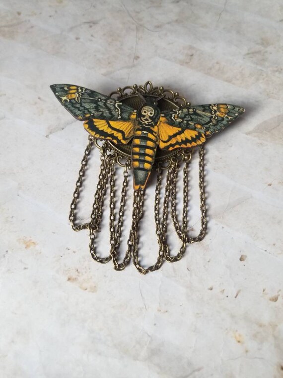 Deaths Head moth brooch, Death's head moth pin, bronze accents, wood lasercut moth, Hawk moth, Death head moth jewelry, unique brooch