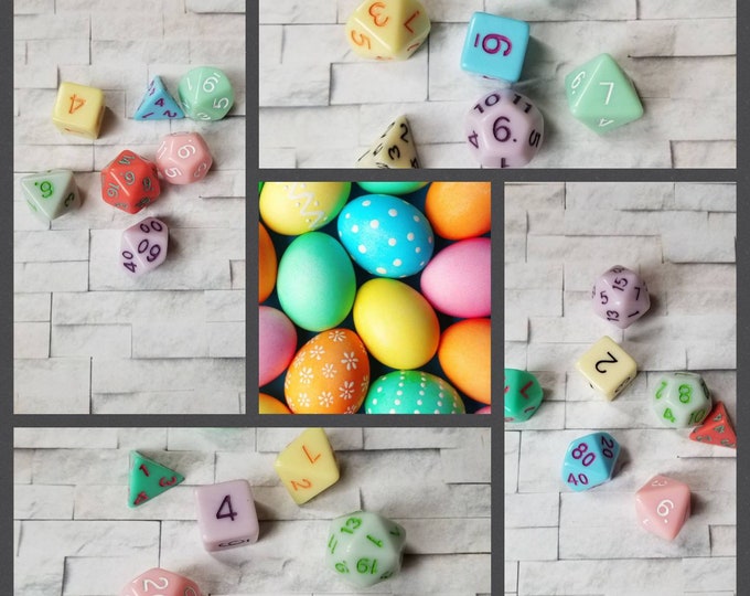 Featured listing image: Sets of 7 Easter egg 16mm dnd dice, polyhedral gaming dice, DnD dice set, RPG dice, Spring dice, D and D dice, gaming dice, curated sets,