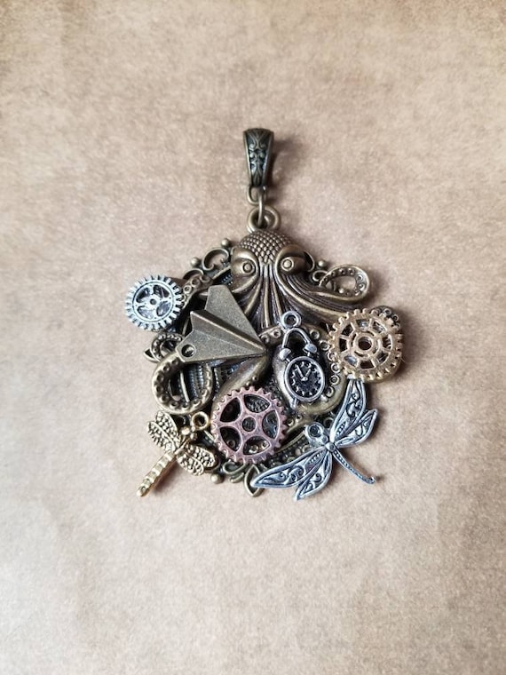 Steampunk pendant, mixed metal pendant, Steampunk necklace, Steampunk assemblage, unique gift, fantasy necklace, cosplay necklace, Octopus