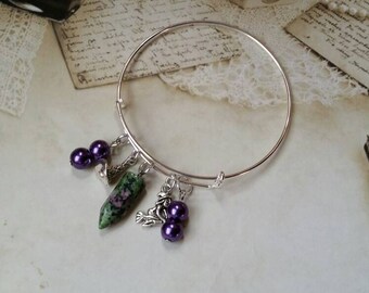 Samhain bangle, expandable bangle, Samhain jewelry, matches prayer beads, Samhain bracelet, matches prayer beads, gemstone point, witch