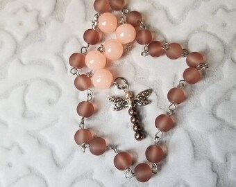 Baha'i prayer beads, 19 and 5 prayer beads, hand-wired, stainless, brown sea glass, peach Malay Jade, handmade glass pearl dragonfly