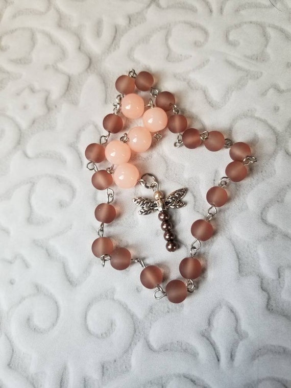 Baha'i prayer beads, 19 and 5 prayer beads, hand-wired, stainless, brown sea glass, peach Malay Jade, handmade glass pearl dragonfly