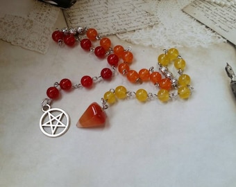 Litha prayer beads, pagan prayer beads, Fire prayer beads, Midsummer prayer beads, Summer solstice, Malay jade, pentagram charm, Carnelian
