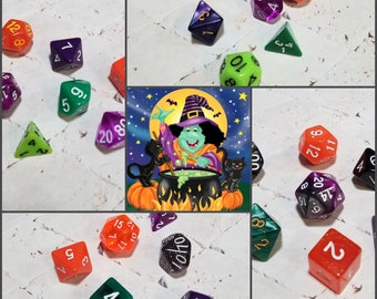 Halloween 16mm dnd dice sets, Samhain dnd dice sets, Witches Brew dnd dice, themed hand picked dnd dice, curated set, polyhedral dice