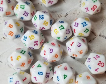 One single white d20 with rainbow colored numbers, dnd die, polyhedral gaming dice, DnD dice, RPG dice, d20 dice, rainbow d20 dice,