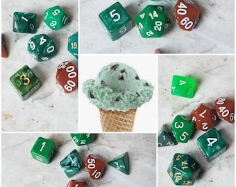 Mint chocolate chip inspired 16mm dice sets, dnd dice sets, themed hand picked dnd dice, curated set, polyhedral dice, RPG dice, chocolate