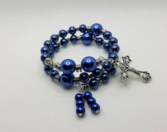Anglican prayer bead bracelet, memory wire bracelet, beaded bracelet, wrap bracelet, blue glass pearls, Protestant prayer beads