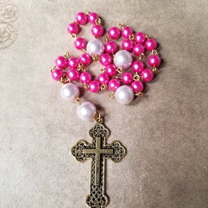 Anglican prayer beads, Methodist prayer beads, Protestant prayer beads, Episcopal prayer beads, rosary, gold tone, pink glass pearls, cross