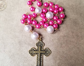 Anglican prayer beads, Methodist prayer beads, Protestant prayer beads, Episcopal prayer beads, rosary, gold tone, pink glass pearls, cross