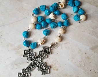 Anglican prayer beads, Day of the dead, Methodist, Episcopal rosary, Protestant beads, stainless steel, blue and ivory skulls