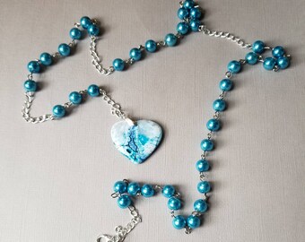 Witches ladder, pagan prayer beads, Witch ladder necklace, gemstone heart, dowsing pendulum, unique necklace, OOAK gift, blue glass pearls