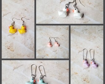 Whimsical earrings, kitschy earrings,rubber duckie earrings, cute earrings, ducky earrings, duck earrings, stainless steel wires