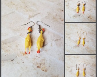 Whimsical earrings, kitschy earrings, rubber chicken earrings, animal earrings, stainless steel wires, fun earrings, rubber chicken ear wire