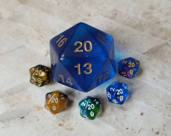 Super Mega Jumbo 55mm d20, blue translucent 55mm d20, oversized d20, extra large sized d20, dnd dice, rpg dice, massive d20 countdown dice