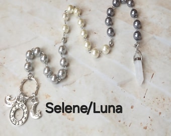 Rosario de Selene, Rosario de la Diosa, hecho a mano, hermosas cuentas, péndulo de piedras preciosas, dijes plateados, Diosa, Griega, pagana