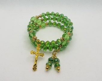 Five decade rosary bracelet, memory wire bracelet, wrap bracelet, green Czech glass beads, gold toned crucifix, prayer beads, handmade, OOAK