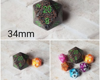 Earth 34mm Jumbo d20, brown and black speckled with green numbers, giant dnd dice, 34mm d20 dice, huge dnd dice,  jumbo d20, big d20