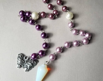 Pagan prayer beads, Witches rosary, Sabbat prayer beads, purple glass pearls, Opalite pendulum, Marcasite butterfly, hand-wired, harvest