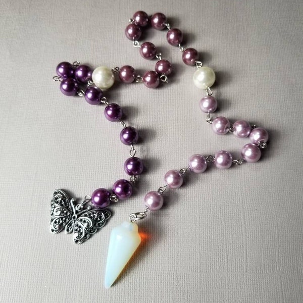 Pagan prayer beads, Witches rosary, Sabbat prayer beads, purple glass pearls, Opalite pendulum, Marcasite butterfly, hand-wired, harvest