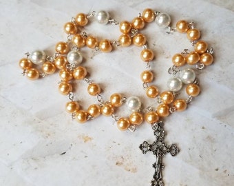 Lutheran prayer beads, rosary,  silver-toned, pale orange and white glass pearls, filigree design crucifix, religious, OOAK, hand-wired
