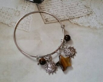 Litha bangle, expandable bangle, charm bangle, Midsummer, pagan jewelry, matches prayer beads, Tiger's Eye gemstone, silver sun charms