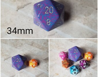Silver Tetra 34mm Jumbo d20, purple and blue speckled with silver numbers, giant dnd dice, 34mm d20 dice, huge dnd dice,  jumbo d20