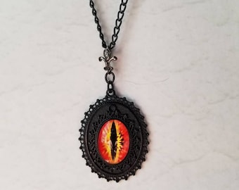 Dragon eye necklace, dragon eye pendant, fantasy necklace, glass dragon eye, red dragon eye, black and red eye jewelry, Goth necklace, ooak
