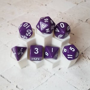 Opaque purple 16mm dnd dice with white numbers, polyhedral gaming dice, DnD dice set, RPG dice, gaming dice, set of 7 DnD dice