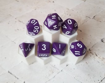 Opaque purple 16mm dnd dice with white numbers, polyhedral gaming dice, DnD dice set, RPG dice, gaming dice, set of 7 DnD dice