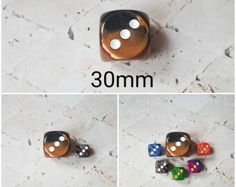 30mm Chessex Gemini Black and Copper with white pips, Chessex 30mm die, Gemini black and copper, mega titan d6, dnd dice, extra d6 dice,