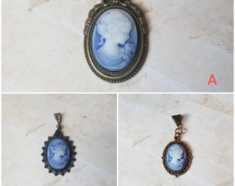 Cameo pendant, cameo necklace, dark blue cameo pendant, Victorian girl cameo necklace, blue cameo jewelry, Victorian girl with pearls,