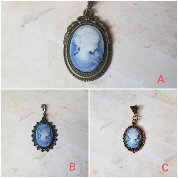 Cameo pendant, cameo necklace, dark blue cameo pendant, Victorian girl cameo necklace, blue cameo jewelry, Victorian girl with pearls,