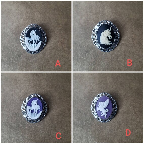 Cameo brooch or pendant, unicorn cameo, pegasus cameo, unicorn or pegasus cameo necklace, fantasy jewelry, LARP jewelry, silver-toned bezel