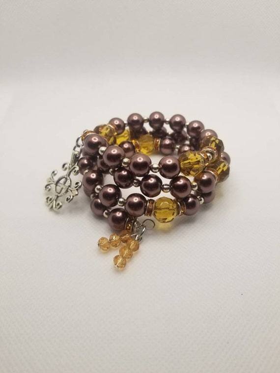 Lutheran rosary bracelet, Lutheran prayer bracelet, memory wire bracelet, wrap bracelet, brown and amber, silver, Jerusalem cross, Lutheran