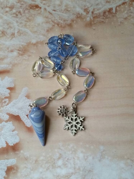 Pagan prayer beads, Winter prayer beads, stainless steel, Ice and snow prayer beads, iridescent beads, Snowflake charms, blue gemstone