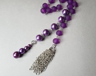 Baha'i prayer beads, 19 and 5 prayer beads, hand-wired, silver-tone, purple frosted glass, glass pearls, pearl dangle, handmade chain tassel