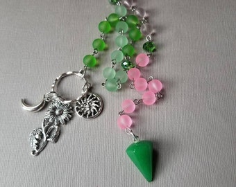 Ostara prayer beads, pagan prayer beads, witches prayer beads, stainless steel, sea glass, gemstone pendulum, flower charm, crescent moon