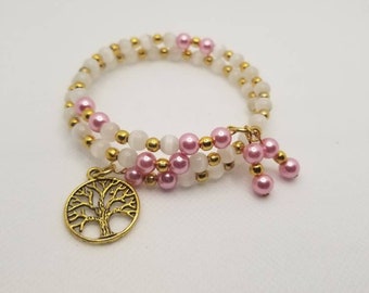 Witch ladder bracelet, gold toned, memory wire bracelet, cat's eye beads, glass pearls, tree of life charm, pagan rosary bracelet, Wiccan