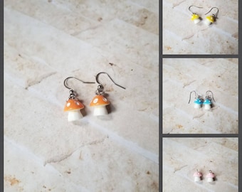 Whimsical earrings, kitschy earrings, magic mushroom earrings, shroom earrings, mushroom earrings, stainless steel wires