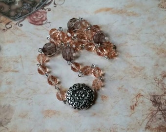 UU prayer beads, Unitarian Universalist prayer beads, stainless steel, pink Czech glass, gray faceted beads, floral bead, gift idea, ooak