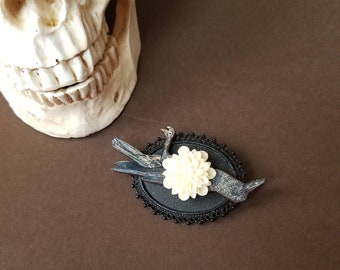 Raven brooch, dead raven brooch, raven pin, cream Dahlia, woodcut raven, Goth jewelry, unusual pin, unique brooch, black raven jewelry, OOAK