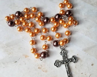 Lutheran prayer beads, rosary, silver-toned, orange-ish gold and brown glass pearls, budded crucifix, religious, hand-wired, OOAK
