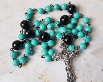 Lutheran rosary, Lutheran prayer beads, gunmetal and silver, turquoise blue and black glass pearl beads, detailed crucifix, religious,OOAK