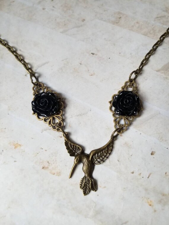 Victorian hummingbird necklace, black roses, bronze hummingbird, gift for Valentine's Day, soft Goth jewelry, OOAK gift, hummingbird jewelry