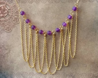 Bib chain necklace, drape necklace, chain jewelry,  multi length chain necklace, gold tone, purple frosted glass, cultured sea glass