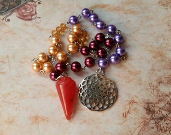 Mabon prayer beads, pagan prayer beads, Mabon witches prayer beads, stainless steel, pearls, Cherry Quartz, flower of life, Czech glass