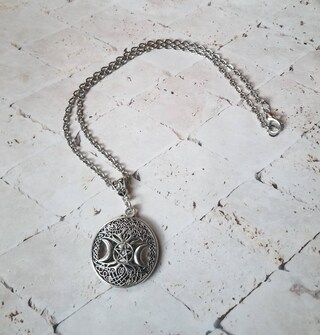 Collana Argento 925 Con Tripla Luna E Albero Della Vita - Gioiello Pagano Wiccan Per Uomo E Donna