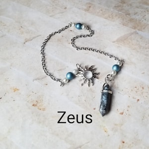 Zeus pendulum, God pendulums, divination, dowsing pendulum, beaded pendulum, gemstone pendulum, stainless steel chain, Gods, pagan