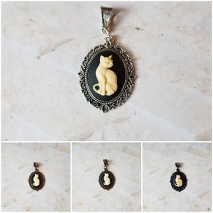 Cat cameo pendant, cat cameo necklace, ivory cameo, kitty cameo necklace, black  kitty necklace, cat jewelry,  Witches familiar cameo