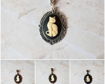 Cat cameo pendant, cat cameo necklace, ivory cameo, kitty cameo necklace, black  kitty necklace, cat jewelry,  Witches familiar cameo